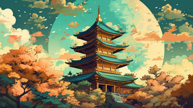 楼阁中国风建筑插画背景,插画/手绘图,插画/手绘图库,插画/手绘图下载,插画/手绘